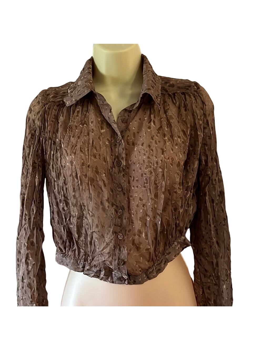 Brown Animal Print Sheer Blouse Size Small Cropped Button Up Convertible Sleeves